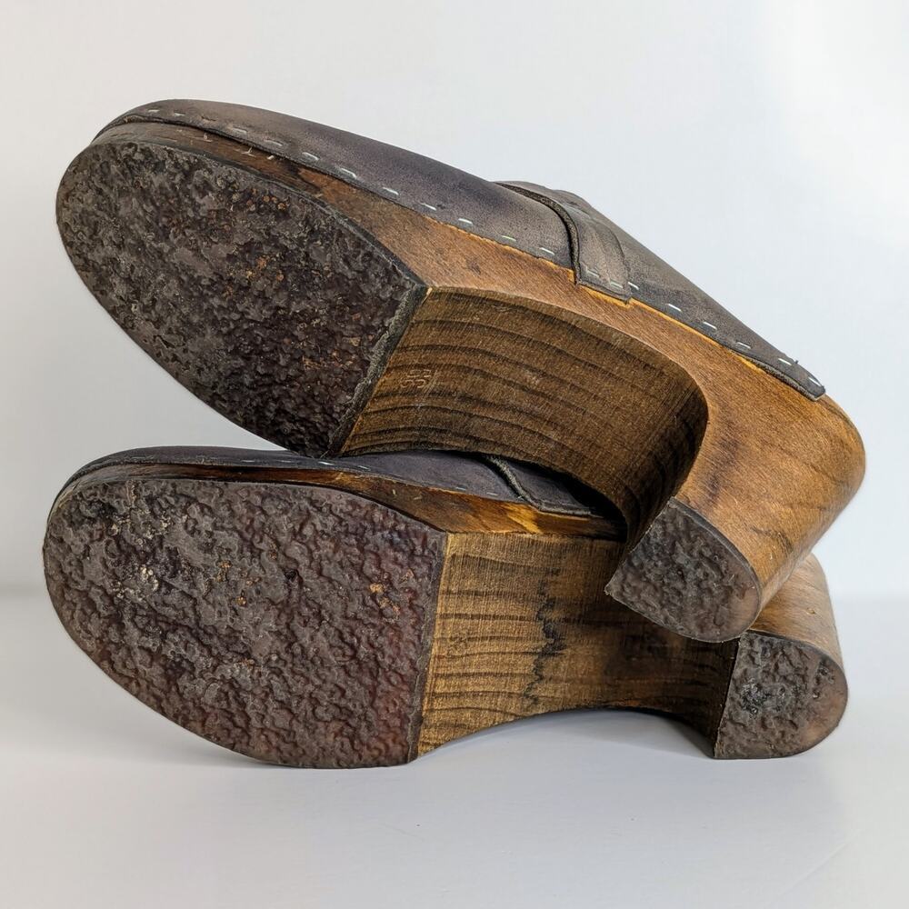 Sandgrens Maya Clogs 39 Brown Nubuck Leather 3" Heel Swedish Wood Base Runs 8.5 - Picture 11 of 16